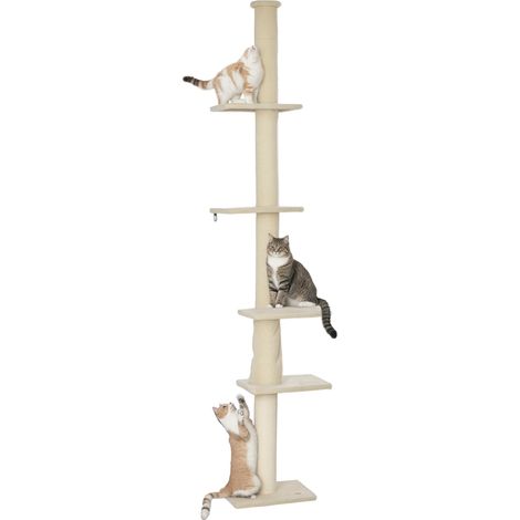 Arbre à chat, hauteur réglable 225-275 cm, base stable, dispositif anti-basculement, revêtement en peluche, blanc crème (1/5)