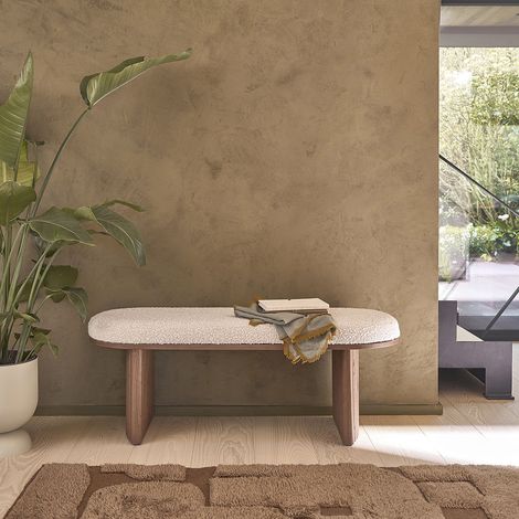 Banc en mindi massif finition noyer et tissu bouclette 120 cm (1/5)