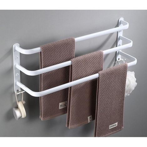 White 3-tier wall-mounted towel rack, 30 cm wide, made of aluminum with hooks for bathroom and kitchen (1/5)