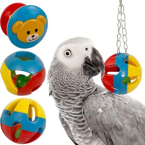 Ensemble de jouets pour cage à oiseaux - Balle de jeu pour perroquet avec clochette (3 pièces) - Accessoire suspendu en plastique coloré pour oiseaux moyens et grands, jouet interactif - Balle avec cl (1/5)