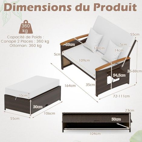 Gain de place, canapé de jardin 2 places avec dossier réglable 4 positions, pouf de rangement et tables rabattables (1/5)