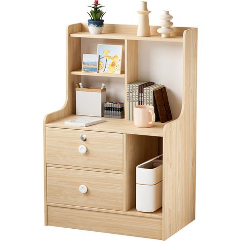Table de chevet - 2 tiroirs - 2 étagères - matériau en bois massif - Présentoir multicouche - 47x30x70 cm - espace de stockage ouvert - Style scandinave - Beige - FLASIDU (1/5)
