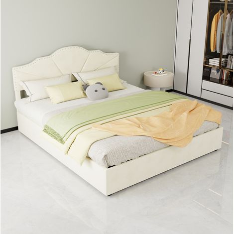 Letto contenitore moderno in tessuto beige 160x200 cm con testiera geometrica imbottita e rete a doghe (1/5)
