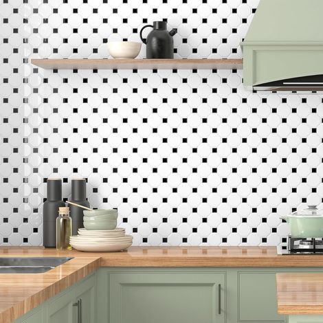 Adhesive pour Cuisine Noir et Blanc 3D Carrelage Adhesif Mural Salle de Bain Blanc Noir Hexagone 30x30 Crédence Adhésive Résistant à la Chaleur Murale Stickers Carrelage, 4 Dalles (1/5)