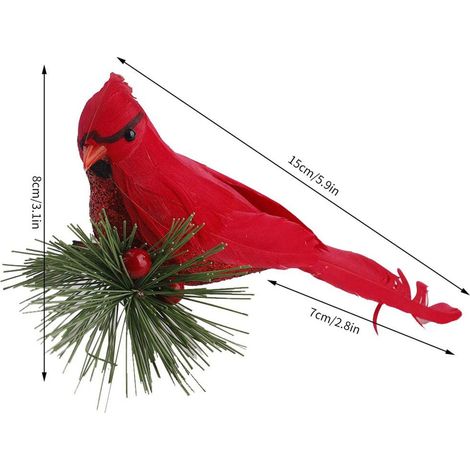 10 künstliche Schaumstoffvögel mit Tannenzweigen, rote Deko-Vögel mit Clip, ideal für Weihnachten, Hochzeiten und Partys (1/4)