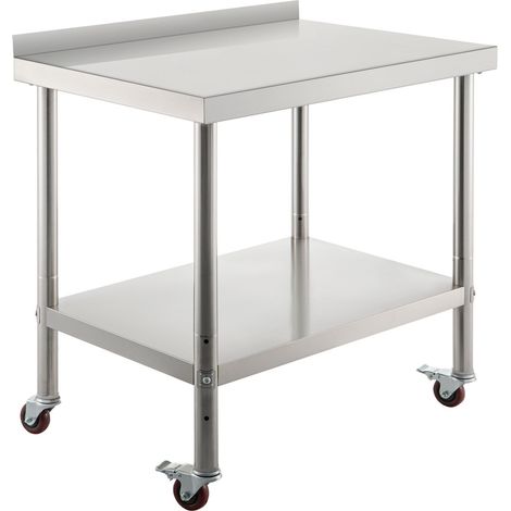 Table de préparation en acier inoxydable, 91 x 61 x 89 cm, charge 200 kg, plan de travail robuste avec dosseret, étagère réglable et 4 roulettes, idéale pour cuisine pro et restaurant. (1/5)