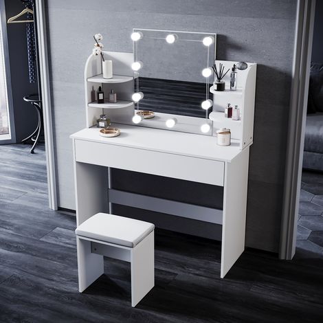SONNI Schminktisch Weiß mit Spiegel und Hocker,mit Led Spiegelleuchte,3 Beleuchtungsmodi und 10 Helligkeiten, Intelligente Speicherfunktion,108x40x140cm (1/6)