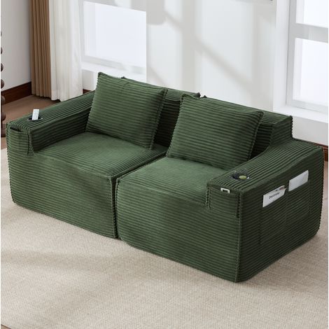 Sofá modular de 2 plazas 188x90x75 cm verde en pana acanalada con portavasos y bolsillos laterales (1/5)