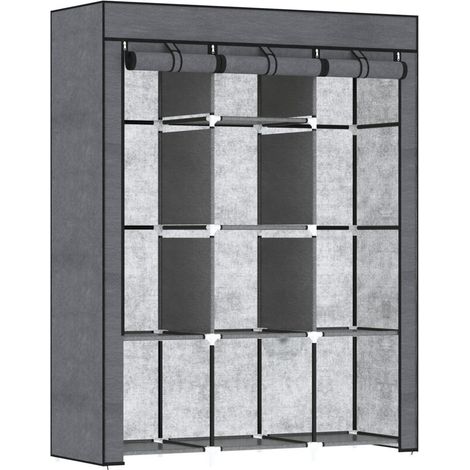 Armoire-garderobe avec système de rangement multi-niveaux – 8 étagères + 2 barres suspendues – Matériau non tissé gris – Idéal pour chambre, dressing ou entrée