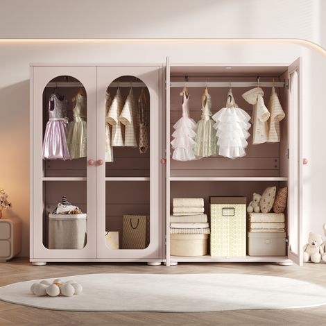 Armadio guardaroba in MDF e acrilico rosa baby, ante trasparenti, ripiani regolabili, set 2 pezzi 80x50x120 cm (1/5)