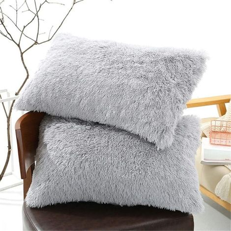 Lot de 2 taies d'oreiller en fausse fourrure douce et pelucheuse, 20x27 pouces (gris clair), avec fermeture éclair. (1/3)