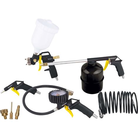 MICHELIN, Kit Accessori per Compressore 8 Pezzi (Include Tubo a Spirale 5m Completo di Attacchi Rapidi, Pistola di Gonfiaggio, Pistola di Soffiaggio, Aerografo a Gravità, Pistola di Lavaggio, 3 Ugelli (1/5)