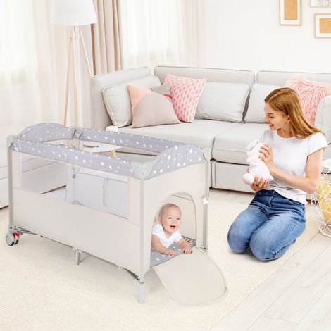Parc Bébé XL 125 x 65 x 76 CM Centre Activité Enfants Base Antidérapante Porte Zip Beige CW44958 (1/2)