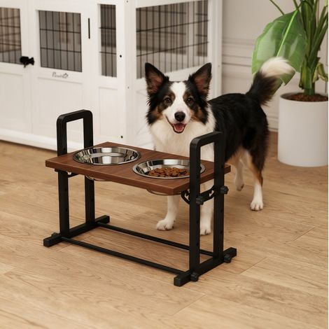 Soporte doble para comederos de perro ajustable con 2 cuencos inox marrón - MEUBLIV (1/5)