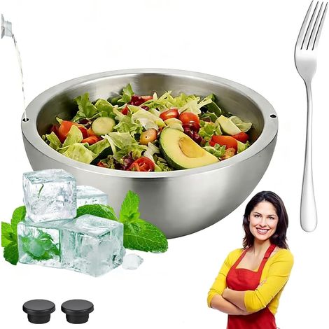 Insulated Salad Bowl in 304 Stainless Steel, Double Wall to Keep Food Hot and Cold, Cooling Bowl for Dips and Ice Cream (24CM)
