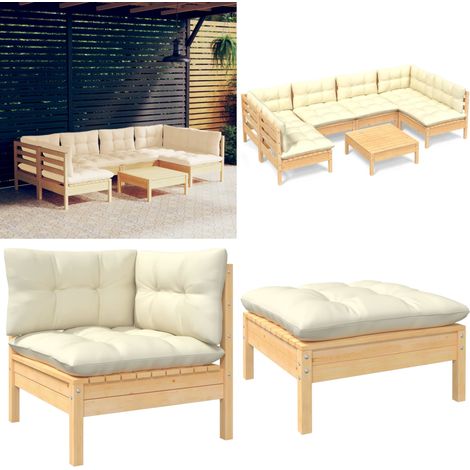 7-tlg. Garten-Lounge-Set mit Creme Kissen Massivholz Kiefer - Gartengeräte - Gartenmöbel - Lounge Set - Kiefernholzmöbel - Outdoor Möbel - Home & Living (1/5)