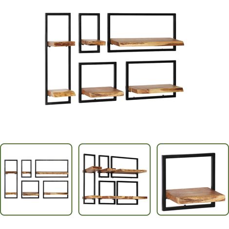 Akazienholz - Wandregal-Set 5-tlg. Akazienholz Massiv und Stahl (1/5)