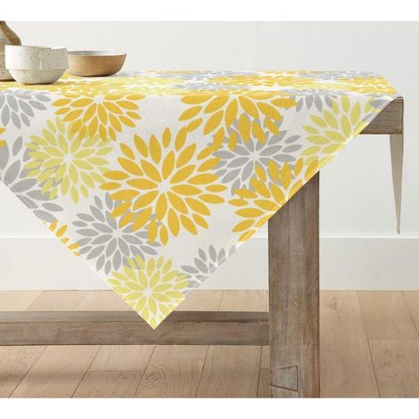 Nappe Fleurs Jaune/Gris 120x120 cm Carrée, Polyester, Lavable