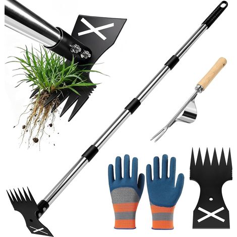 150CM Outil Extracteur de Mauvaises Herbes avec Long Manche, Râteau Manuel 2 en 1 et houe de Jardin, Outils de Jardinage, pour Jardinage, Cour, Pelouse, Terrasse (1/5)