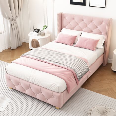 Pink Velvet Single Bed(3ft,90x190cm)with Slatted Frame,Headboard,and Button&Rivet Upholstery