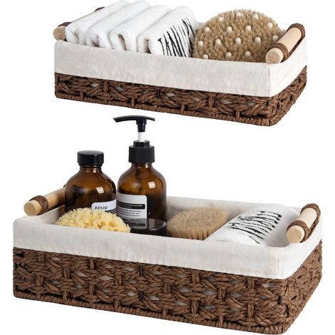 Aufbewahrungskörbe aus braunem Rattan, 25 x 15 x 8,1 cm + 30 x 20 x 9,9 cm, zur Aufbewahrung von Toilettenpapier auf der Arbeitsplatte, 2 Stück (1/5)