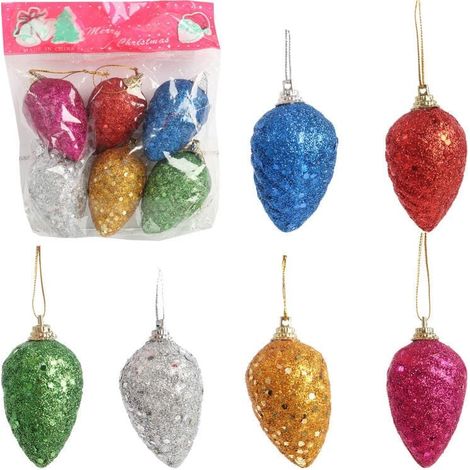 Set mit 6 bunten Kunststoffkugeln/-kegeln, 7 cm, für Weihnachtsdekorationen