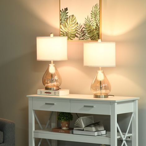 Set di 2 lampade da tavolo da comodino E27, 40 W, vetro, lino e acciaio, ambra, Ø30 x 56 cm DESVIAE (1/5)