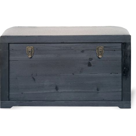 Cassapanca con cuscino in lino L. 80 x P. 40 x H. 53 cm Nero e beige - TURZA (1/4)