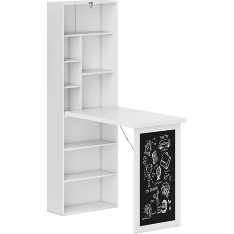 Wall Mounted Folding Computer Desk with Black Board and Bookshelf,Multi-Functional Floating Study Table for Home Office,White