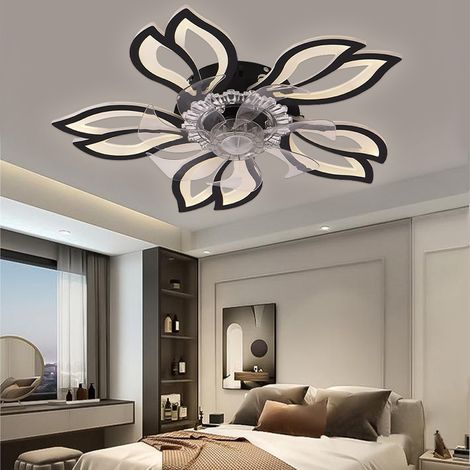 Ventilateur de plafond géométrique avec éclairage, noir, 66 cm (26 pouces), 3000-6000 K, télécommande, profil bas, pour chambre à coucher (1/5)