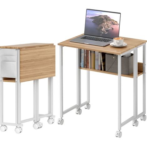 Escritorio plegable con ruedas 63 cm de madera natural con estante y bolsillo lateral (1/5)