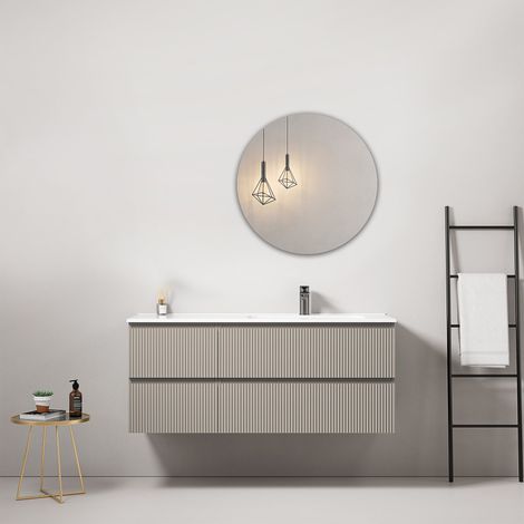Mobile bagno sospeso cannettato 120 cm Grigio Cenere Lavabo a Destra in Ceramica Specchio Tondo - Fiji Paint (1/4)