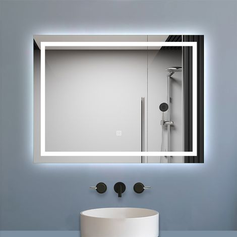 Aica Miroir Salle de Bain 80x60cm Dimmable avec 3 couleurs，Miroir lumineux avec Fonction Anti-Buée et Fonction Mémoire