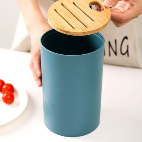 Bloc à couteaux avec couvercle en bambou, multifonctionnel, amovible et facile à nettoyer, support de rangement pour couteaux de cuisine, rond, bleu foncé. (1/5)