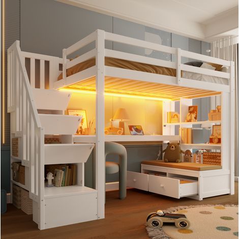 Cama alta 90x200 cm con escritorio, estanterías, cajones y escalera de almacenaje blanca OKWISH (1/5)