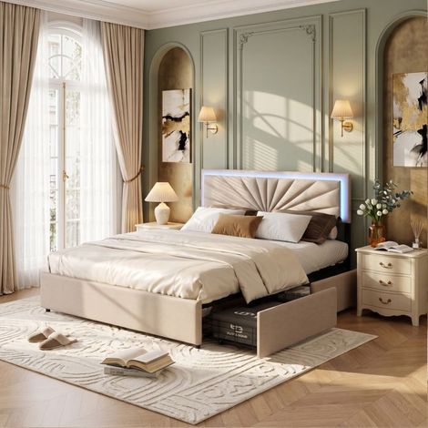 Cama doble - Cama queen 160x200 cm - Cabecero ajustable tapizado en lino - LED integrada - 4 cajones y somier de lamas (1/5)
