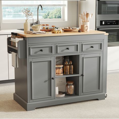 Isola da cucina 112-188x45x92 cm, piano laterale estraibile, cassetti e portaspezie, MDF grigio (1/5)