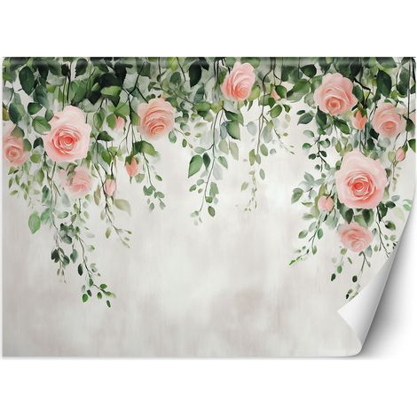 Fototapete Hängende Rosen Blumen grüne Blätter Beton 100x70 cm