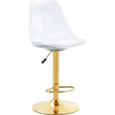 Lot de 2 tabourets de bar modernes réglables avec dossier transparent et siège en PU blanc, pieds métalliques dorés (1/5)