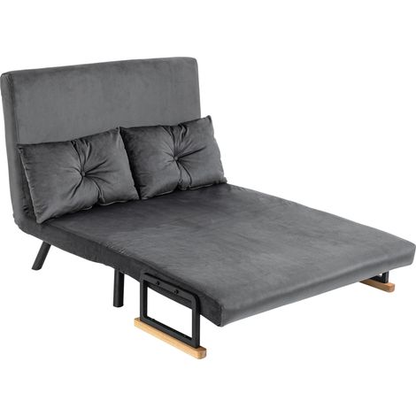 Canapé-lit 2 places en velours, fonction couchage, avec 2 coussins, aspect velours, coloris naturel, gris foncé et noir.