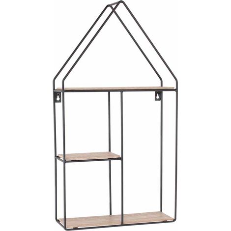 House Shape Display Wall Shelf - W30 x D10 x H56 cm - Black Metal/Wood Effect