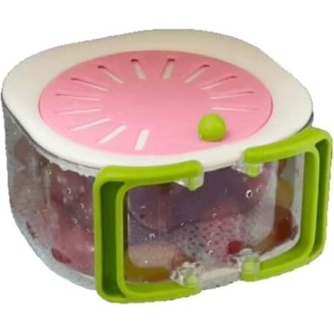 Passoire à fruits et légumes avec bac d'égouttage, poignée pliable, récipient transparent (poudre de fraise) (1/4)