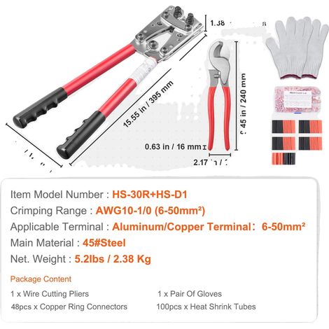 Herramienta de crimpado para terminales, mangos ergonómicos, capacidad de crimpado precisa, 395 mm, 4 unidades. (1/2)