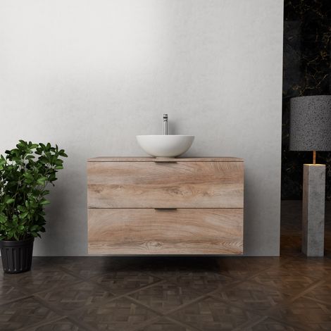 Inda - Badezimmerschrank B.100 mit Aufsatzwaschbecken / Natureiche 2 Schubladen - Topazio