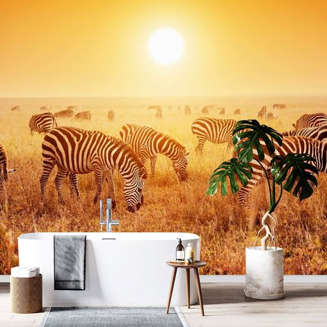 Papier peint panoramique - Zèbres Savane - 130 cm x 86 cm (1/4)