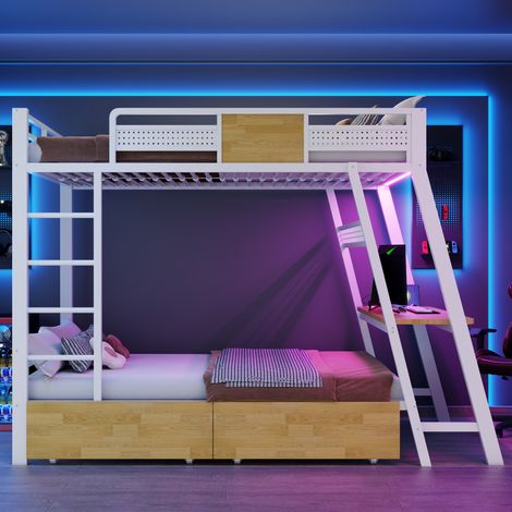 Letto a castello per bambini in metallo 90x200 cm con scrivania integrata, porte USB e Type-C, illuminazione a LED e vano portaoggetti, bianco (1/5)