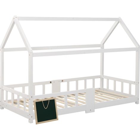 Letto casetta bambini 90 x 200 cm bianco con lavagna, rete a doghe e sponda (1/5)