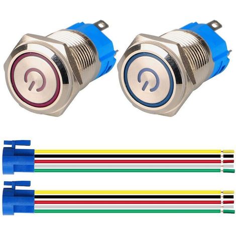 2 Stück verriegelbare Drucktaster 1NO1NC Wasserdichter Edelstahl 220V-230V/5A LED-beleuchteter Schalter mit Netzstecker Geeignet für 16mm Montageloch (Blau+Rot)