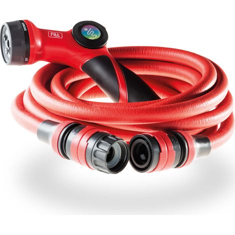 FITT YOYO CLUB 10 m: Flexibler Gartenschlauch mit praktischer Box, Griff, Band für den Transport und Haken für Zäune, inkl. Multifunktions-Pistole, Rot