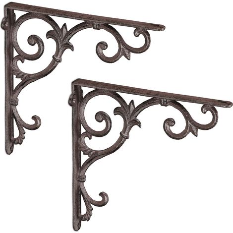 Relaxdays 4x Shelf Brackets, Cast Iron, Rack Support, Vintage Motif, HWD: 24.5 x 4 x 24.5 cm, Angle for Shelves, Brown
